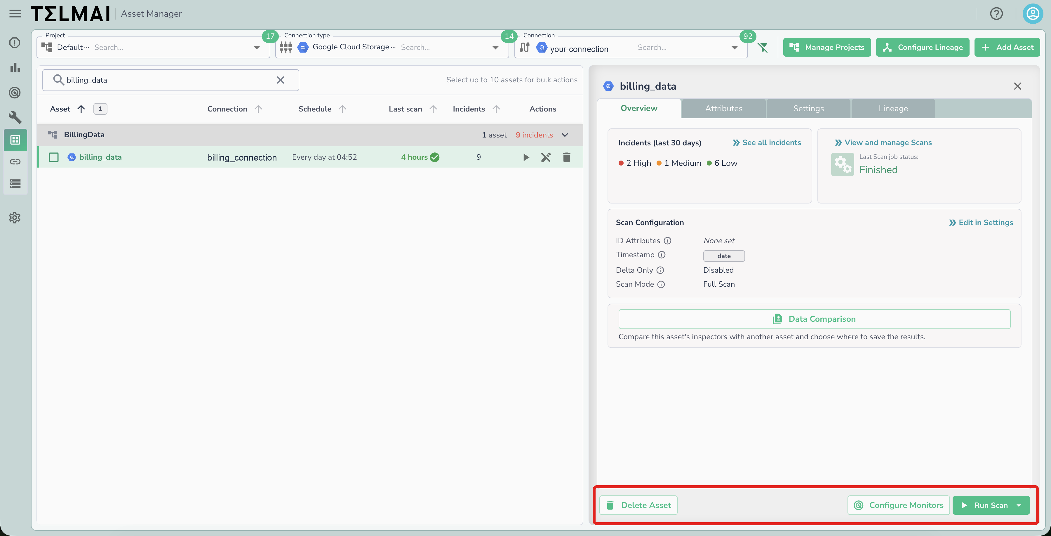 The asset details panel showing the Overview tab with incidents, scan status, and scan configuration