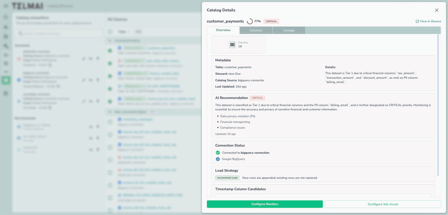 Catalog Details Overview tab showing metadata, AI recommendation with CRITICAL priority, connection status, and load strategy