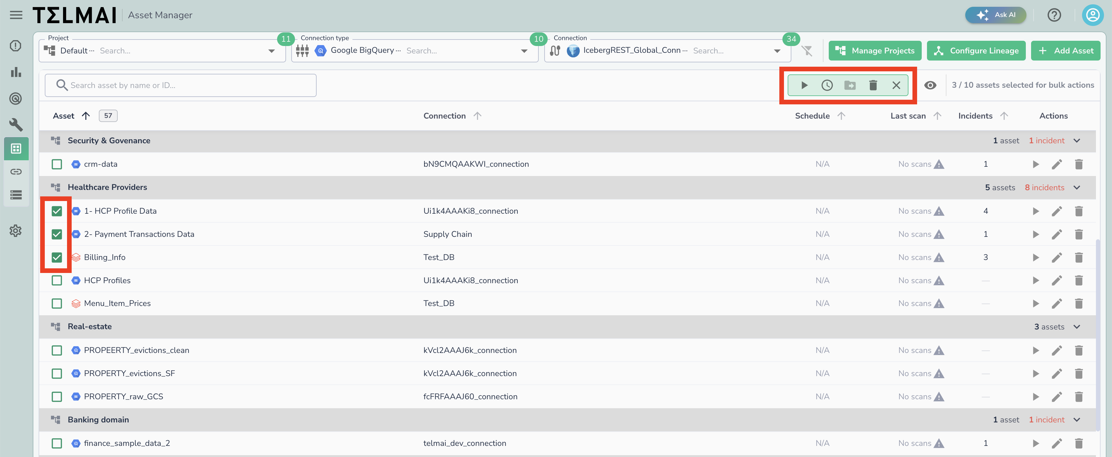 The bulk action toolbar shown above the asset list with three assets selected