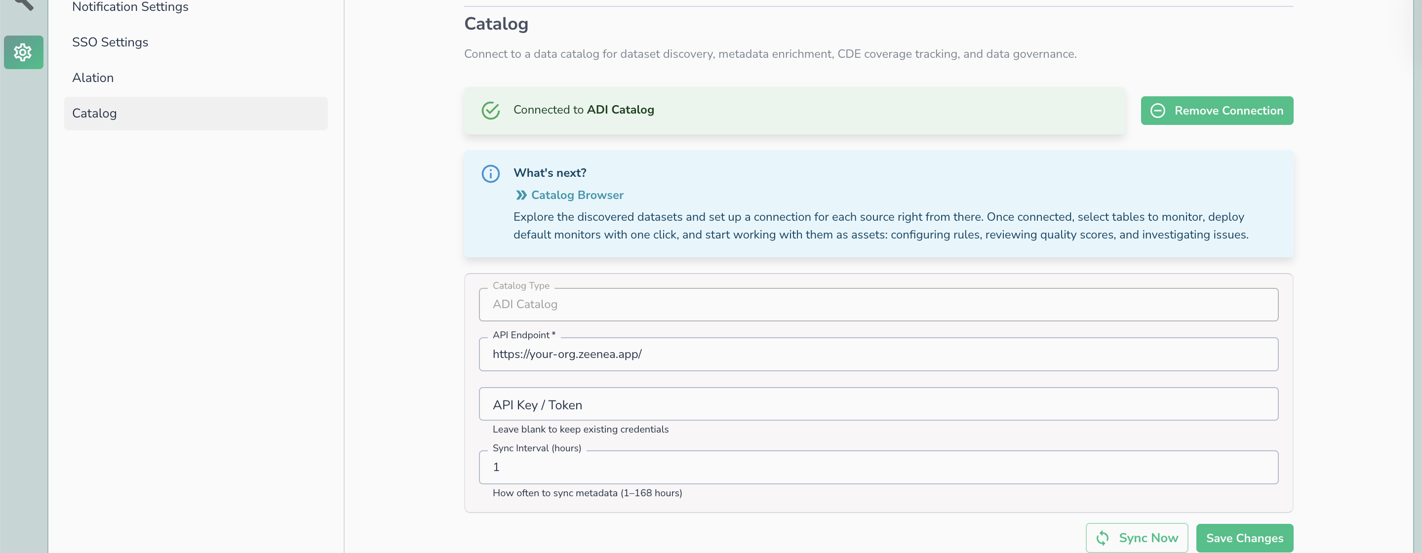 Administration > Catalog connection form