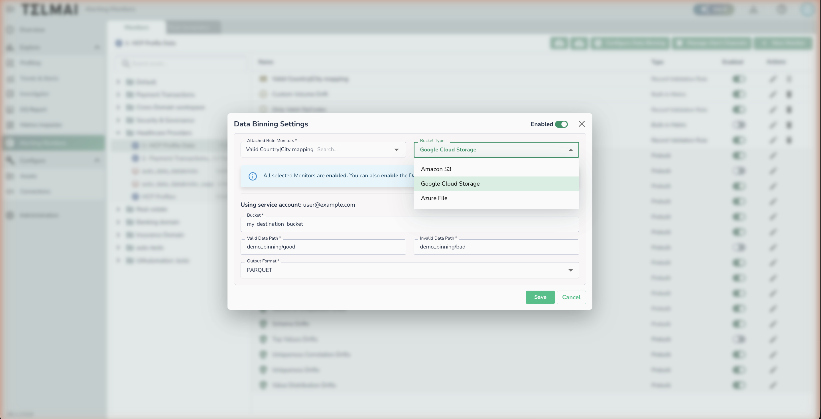 Data Binning Settings dialog showing rule monitor selection, bucket type, storage paths, and output format