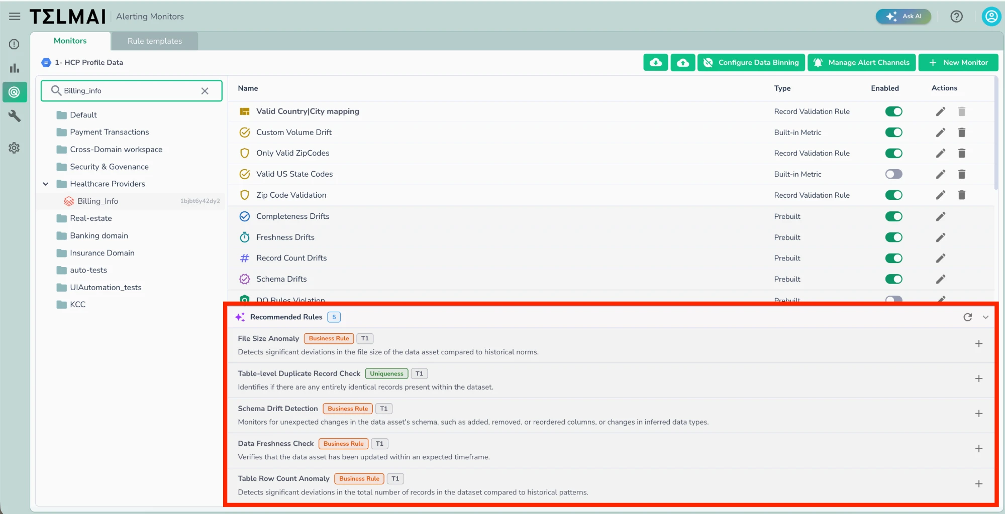 The Recommended Rules panel displayed below an asset's monitor list