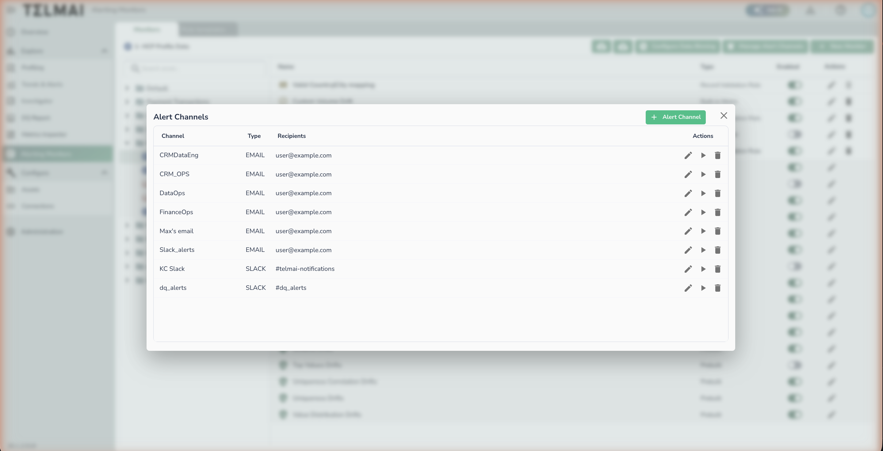 Alert Channels dialog showing configured email and Slack notification channels