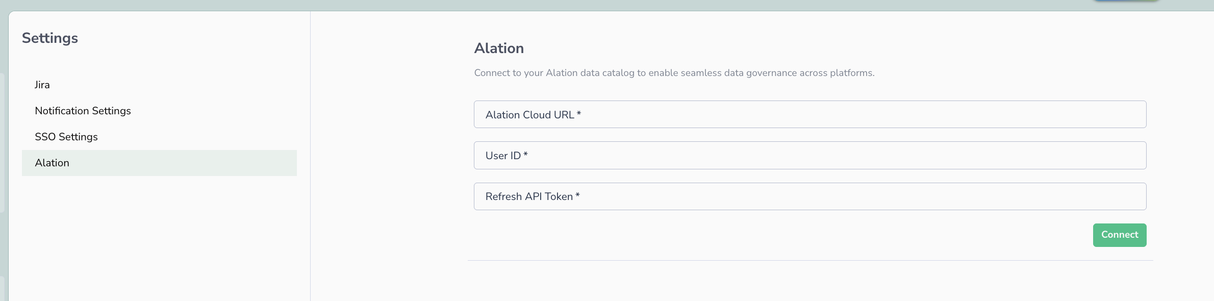 Alation settings panel in Telmai Administration showing fields for Alation Cloud URL, User ID, and Refresh API Token