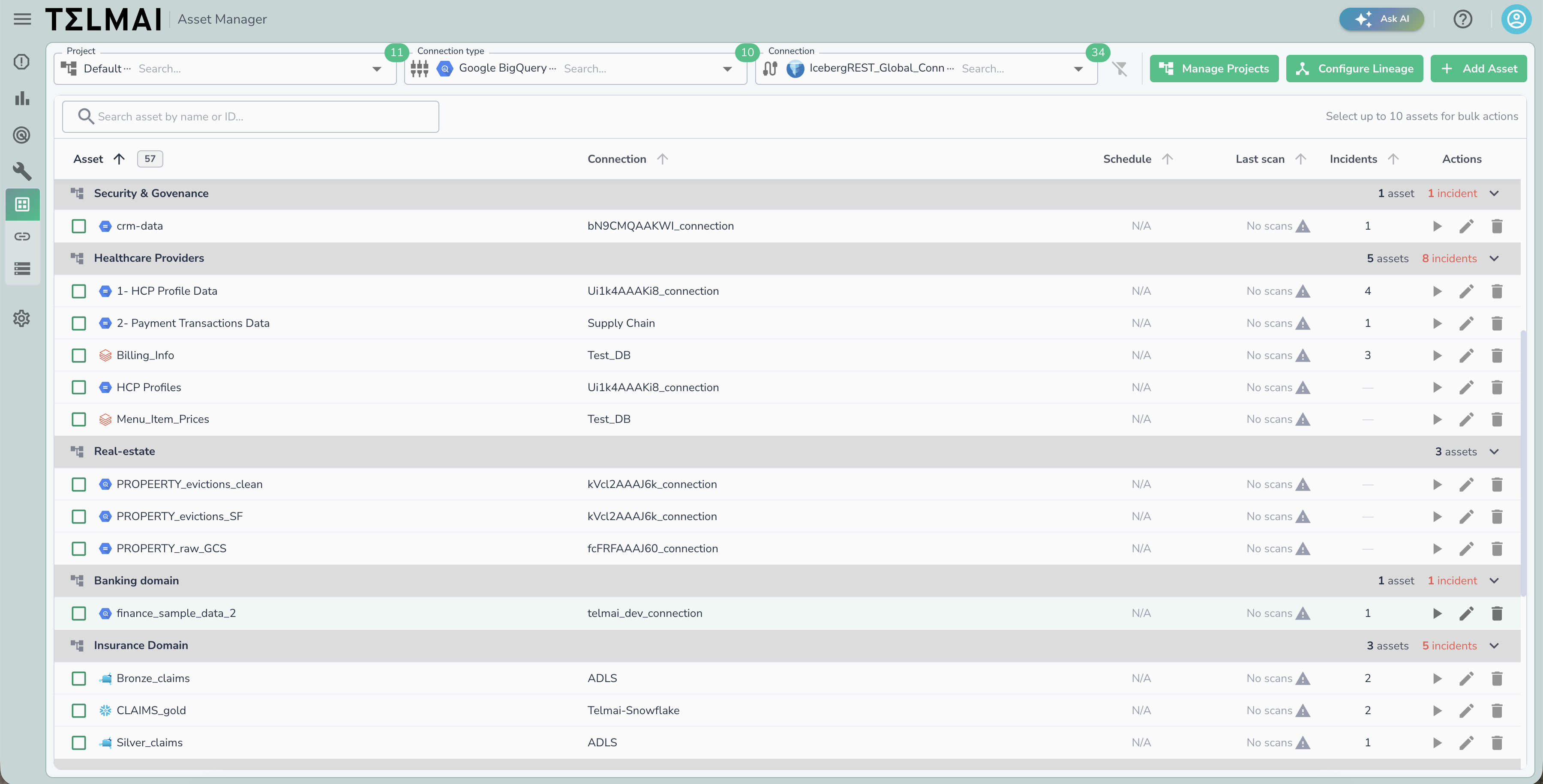 The Asset Manager page with filters at the top and assets grouped by project